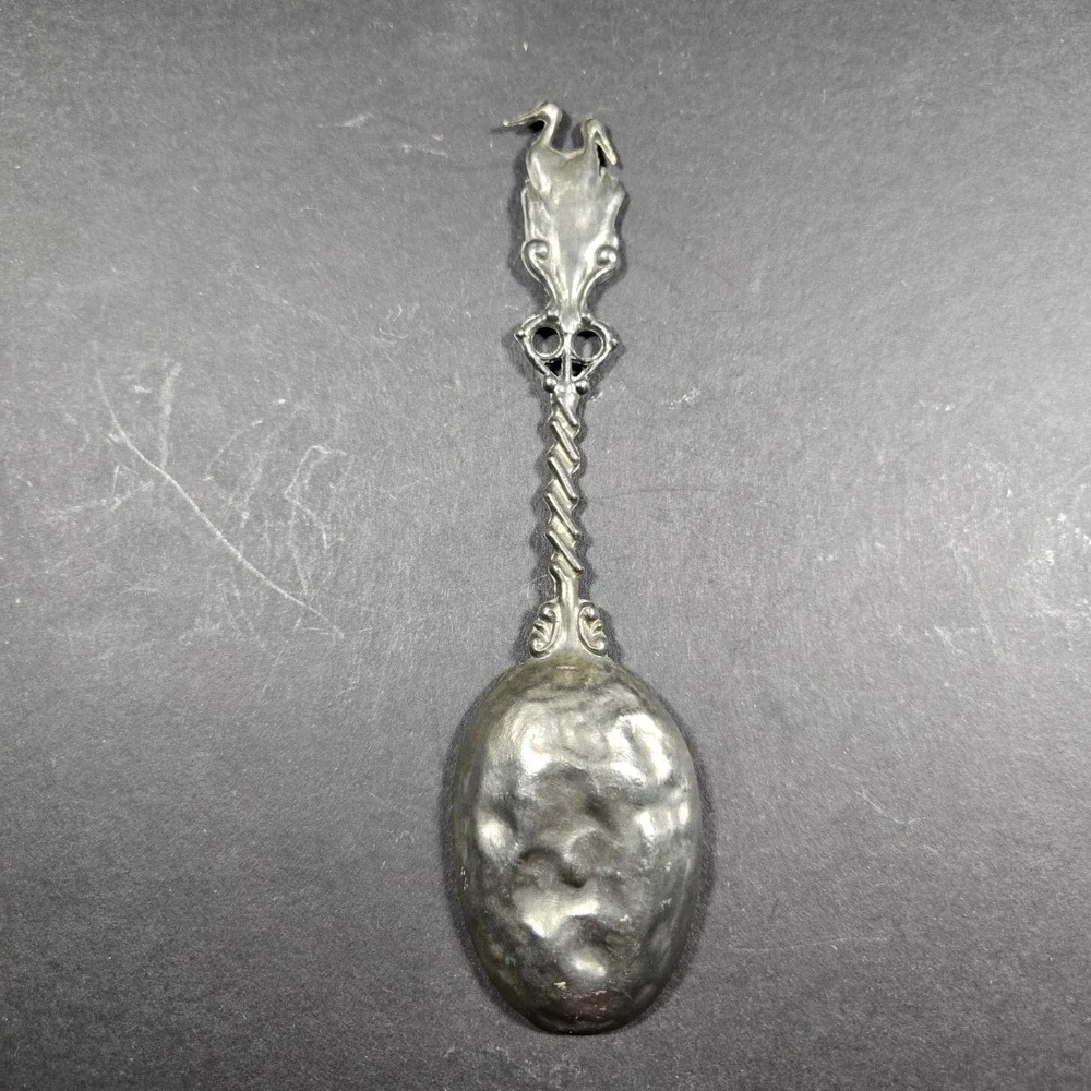 Caddy Spoon Silver Tavern Scene Stork Finial Vintage Style